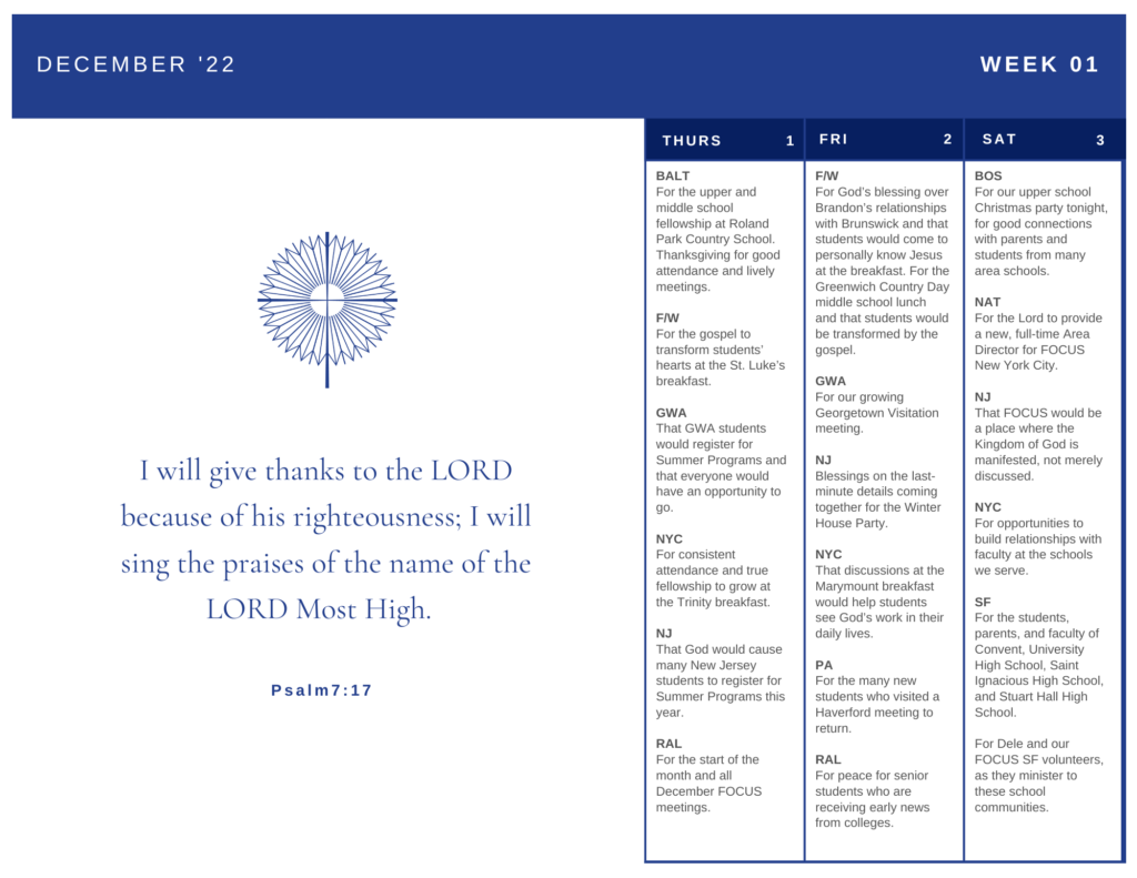 Prayer Calendar FOCUS